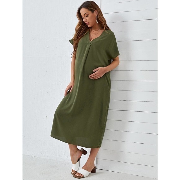 Maternity V neck Solid Tunic midi Dress olive green - Picture 5 of 5